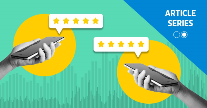 hands holding iphones with customer reviews over background of data